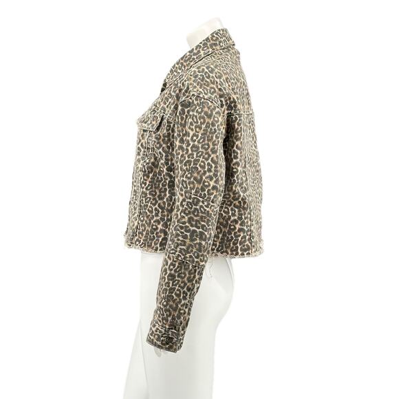 Free People Jacket Womens Small Brown Cheetah Print Denim Oversized Frayed Hem - Picture 5 of 10